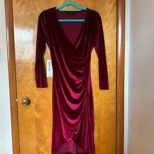 NWT Elegant Velvet Wrap Dress in Rich Burgundy